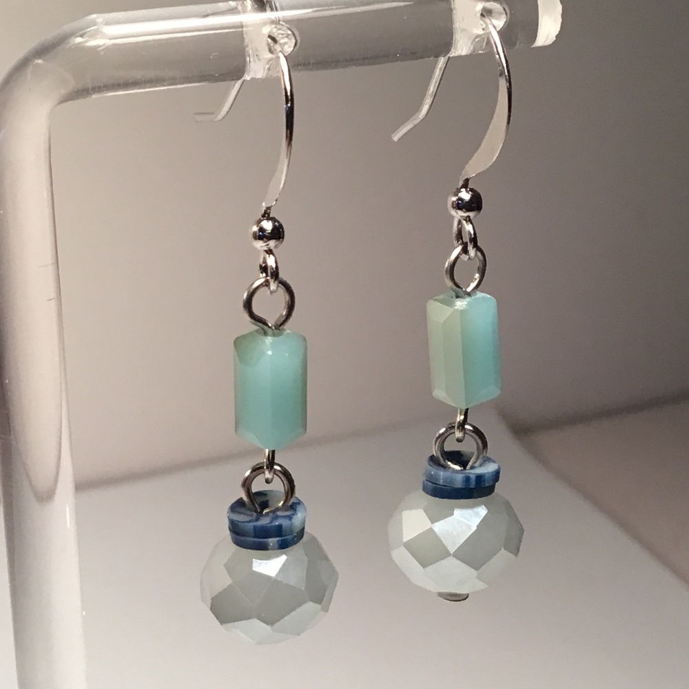 Beaded Dangle Earrings Light Green And Faceted Opaque Beads